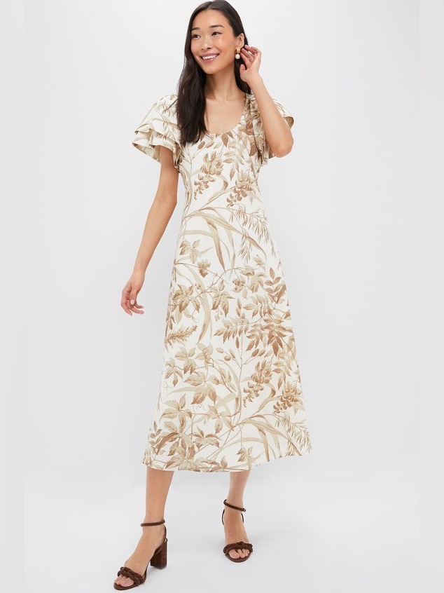 Tuckernuck Xs Cream Midi Dress With Beige Botanical Print And Ruffle Sleeves